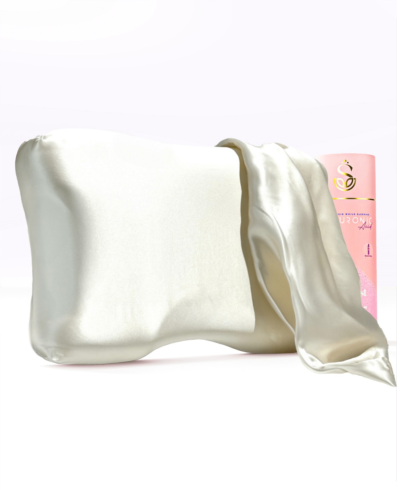 Ekru %100 ipek kılıflı Shine Pillow güzellik yastığı, kutusuyla birlikte